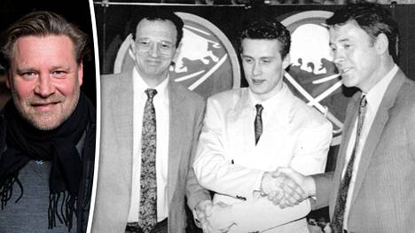 Aleksandr Mogilny häntä loikkauksessa auttaneiden Gerry Meehanin (oik.) ja Don Lucen keskellä Buffalossa 7. toukokuuta 1989. Hänet majoitettiin Buffalossa Christian Ruutun (vasen kuva) asuntoon.