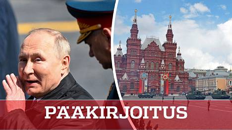 Presidentti Vladimir Putin ja puolustusministeri Sergei Shoigu kuvattuna Punaisella torilla. Voitonpäivän paraatin ylilennot peruttiin, vaikka maallikoiden silmiin sää näytti lentokelpoiselta. 