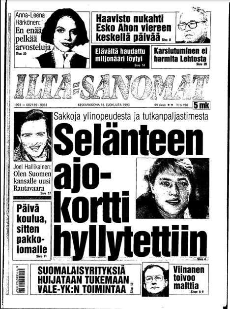 Ilta-Sanomien kansi 18. elokuuta 1993.