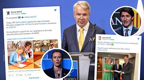 Norja ja Tanska jakaneet Twitterissä tiedon Suomen Nato-jäsenyyden ratifionnista. Pallokuvissa Viron pääministeri Kaja Kallas ja Kanadan pääministeri Justin Trudeau.