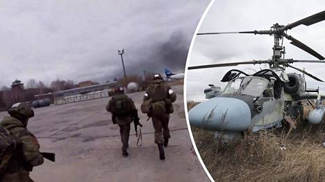 Ennen ja jälkeen. Venäjän julkaisemalla propagandavideolla maahanlaskujoukot saapuvat Hostomelin lentokentälle. Ukrainalaisten vastaiskun jälkeen paikalle jäi tuhottu venäläinen Ka-52-taisteluhelikopteri.