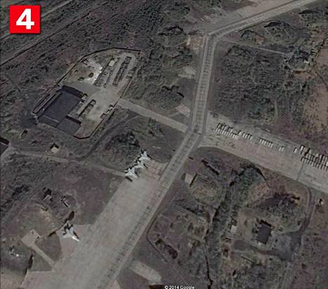 4. Montshegorsk (kuva kesäkuu 2014): Tukikohdassa toimii 175. hävittäjärykmentti. Yleensä Venäjän ilmavoimat käyttää Su-27, MIG-29 ja MIG-31 -hävittäjiä. Lisäksi tukikohdassa on rynnäkkö- ja kuljetuskoneita. "Se, että kuvissa näkyy moderneja hangaareita, kertoo tukikohdan olevan hyvin kehitetty. Koneita ei säilytetä pressujen alla taivasalla. Kuvissa näkyy ehkä 20 konetta, mutta se ei kerro oikeaa vahvuutta. Aina 1/3 koneista on huollossa sekä esimerkiksi lentotehtävillä."