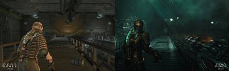 Vasemmalla alkuperäinen Dead Space vuodelta 2008 ja oikealla uusioversio. Ero tunnelmassa on järisyttävä.