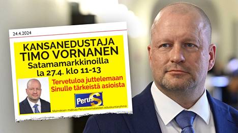 Keskiviikkona 24. huhtikuuta Karjalan Heilissä julkaistussa mainoksessa Timo Vornanen kertoo olevansa tavattavissa lauantaina 27.4. Satamamarkkinoilla.