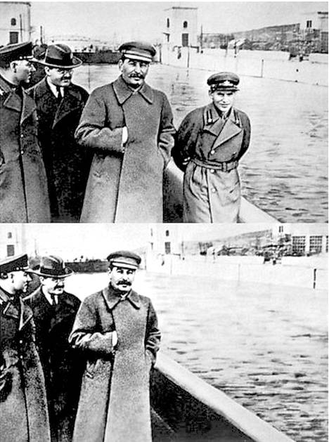 Stalin turvallisuuspalvelu NKVD:n johtajan Nikolai Jezhovin kanssa ja ilman häntä. Jezhovin teloituksen jälkeen hänet poistettiin kuvasta. Kuva on yksi kuuluisista sensuroiduista neuvostokuvista.