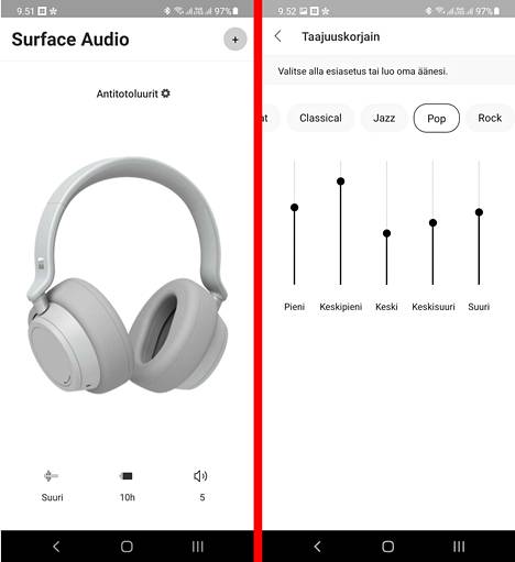 Surface Audio -sovellus antaa personoida kuulokkeita, päivittää ne ja se sisältää myös taajuuskorjaimen. Asetuksiin päästäkseen on klikattava kuulokkeiden nimen vieressä olevaa ratasikonia.