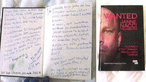 Janne Tranbergin Wanted-kirja löytyi Niko Ranta-ahon asunnosta. Kirjassa oli Tranbergin pitkä omistuskirjoitus.