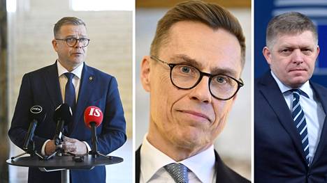 Pääministeri Petteri Orpo (kok), tasavallan presidentti Alexander Stubb ja Slovakian pääministeri Robert Fico.