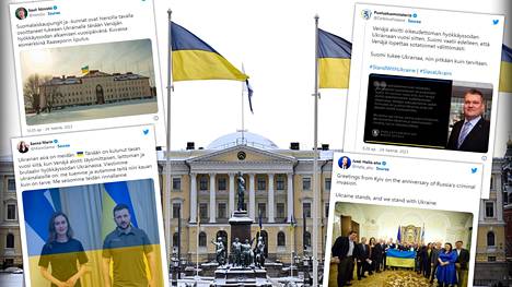 Suomen ja Ukrainan liput liehuvat Helsingin Senaatintorilla 24. helmikuuta 2023. Tasavallan presidentti Niinistö ja monet suomalaispoliitikot ovat viestittäneet tukeaan Ukrainalle.