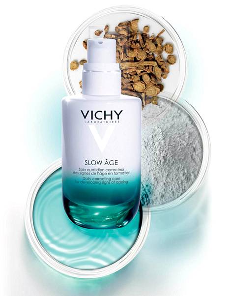 Myös Vichy on lanseerannut uuden innovaation ja tuotesarjan, Slow Âgen. Tuotesarjan taustalla on tutkimus, jossa kartoitetaan ei-perinnöllisten mutta ihmiseen koko elämän ajan vaikuttavien tekijöiden vaikutusta ihoon. Ne liittyvät esimerkiksi ympäristöön, ravintoon, elämäntapaan, saasteisiin tai UV-säteilyyn. Slow Âge -tuotteet suojaavat ihoa näiltä tekijöiltä ja auttavat ihoa vanhenemaan arvokkaasti. Vichy Slow Âge -päivävoide 33,50 € / 50 ml, apteekeista.