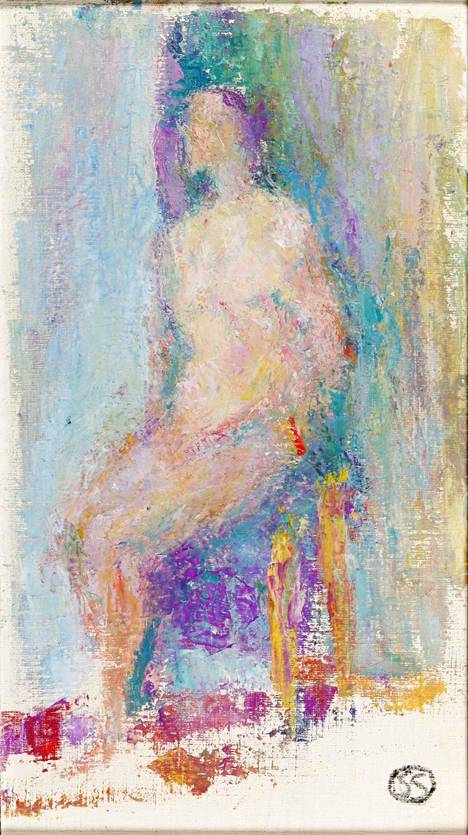 Alaston-työssä (1958) Sigrid Schauman käytti tyypillisiä lilan ja violetin sävyjä.