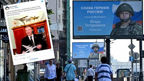 Moskovan katunäkymässä on julisteita, joissa vannotaan kunniaa Venäjän ”erikoisoperaation” sankareille. 