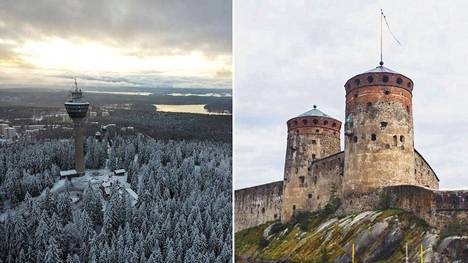 Pohjois- ja Etelä-Savon todennäköisesti tunnetuimmat nähtävyydet: Puijon torni Kuopiossa ja Olavinlinna Savonlinnassa.