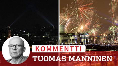 Kiovan taivas uudenvuodenyönä. Oikealla minuutin valotusajalla otettu kuva Helsingin Kansalaistorilta, jossa kaupunkilaiset ampuivat omia rakettejaan.