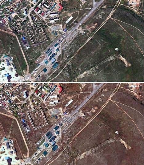 Kuvapari Mongolian rajalla sijaitsevasta Kjahta-nimisestä venäläisestä kaupungista havainnollistaa muuttuvan tilanteen rajanylityspaikalla. Ylempi kuva on otettu 15. elokuuta ja alempi 23. syyskuuta. Putin julisti osittaisen liikekannallepanon 21. syyskuuta.