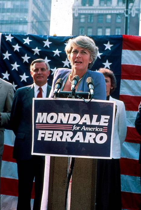 Geraldine Ferraro demokraattien Walter Mondalen varapresidenttiehdokas vuoden 1984 vaaleissa. Ferraro oli ensimmäinen nainen Yhdysvaltain varapresidenttiehdokkaana.