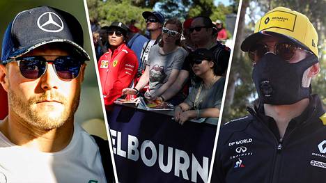 F1-sirkus on jättämässä Melbournen osakilpailun väliin. Esteban Ocon (oik.) käytti torstaina kasvosuojusta saapuessaan kisapaikalle.