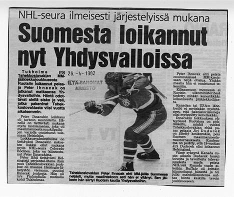 Ilta-Sanomien uutinen loikkauksesta vuonna 1982.