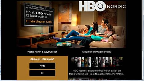 Huijaussivulla käytetään HBO:n logoa ja ohjelmasisältöjä. Pieni todellisesta maksusta kertova tekstinpätkä löytyy sivua alaspäin vierittämällä.