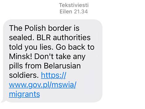 Tällaisen viestin Puola lähettää puhelimeen Valko-Venäjän rajaa lähestyttäessä.