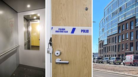 Ihminen löytyi kuolleena uudelta asuinalueelta Helsingin Postipuistosta. Poliisi oli eristänyt asunnon oven.