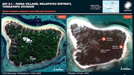 Satelliittikuvaa 5.11.2020 (vas.) ja 16.1.2022 (oikea) Kolofooun alueelta Tongasta.
