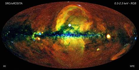 Avaruusfysiikan Max Planck -instituutti julkaisi kaksi vuotta sitten eRosita-instrumentin ottaman karttakuvan, jossa näkyy koko taivas röntgensäteilyn energia-alueilla.