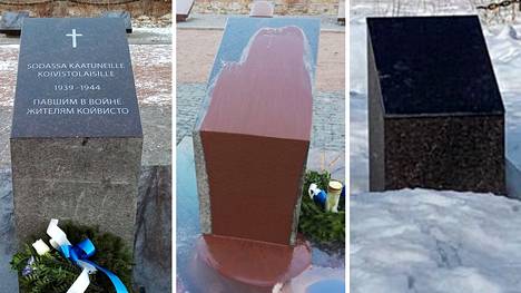 Suomalaisten sankarivainajien muistomerkki Karjalankannaksella on kokenut kovia. Reilut kaksi vuotta sitten muistomerkin suurin kivipaasi töhrittiin vereen viittaavalla punamaalilla ja nyt saman paaden teksti on peitetty jollain mustalla aineella.