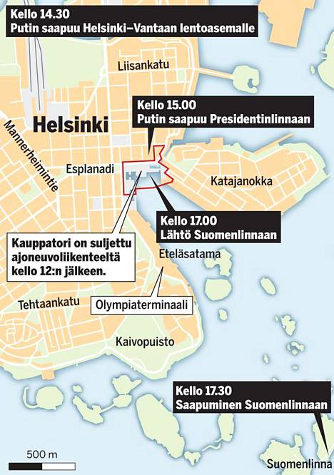 Täällä Putin liikkuu keskiviikkona – koko Kauppatori suljetaan, Helsingin  keskustan liikenne menee uusiksi - Kotimaa - Ilta-Sanomat
