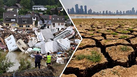 Tulvan aiheuttamia tuhoja Kreuzbergissa, Saksassa vuonna 2021 ja kuivunutta joenuomaa Nanchangissa, Kiinassa elokuussa 2022.
