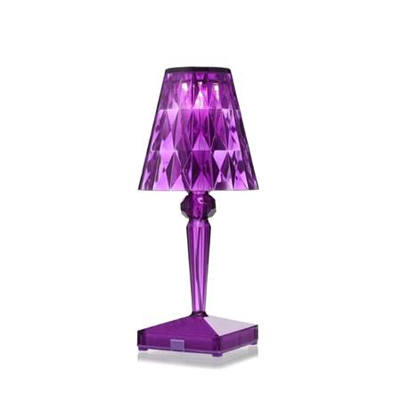 Trendikäs violetti ja värikäs muovi yhdistyvät esimerkiksi tässä pöytälampussa.