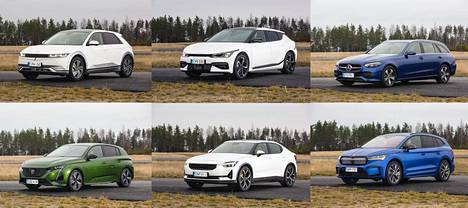 Ylhäältä vasemmalta alkaen lueteltuina: Hyundai Ioniq 5, KIA EV6, Mercedes-Benz C-sarja, Peugeot 308, Polestar 2 ja Škoda Enyaq.
