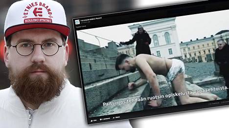 Videolla perussuomalaisten nuorten väistyvä puheenjohtaja Sebastian Tynkkynen konttaa ylös Helsingin Suurkirkon portaita.