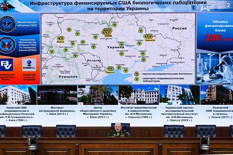 Venäjän suojelujoukkojen komentaja, kenraaliluutnantti Igor Kiriljov, esitteli 7. maaliskuuta karttaa, jonka kerrotaan esittävän Yhdysvaltain rahoittamien biologisten laboratorioiden sijoittumista eri puolille Ukrainaa.