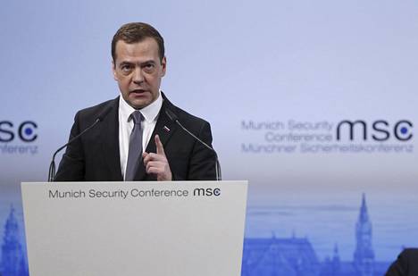 Pääministeri Dmitri Medvedev puhui helmikuussa Münchenissä.