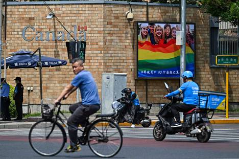 A rainbow flag in front of the Canadian Embassy in Beijing on May 17.