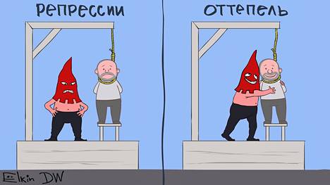 Venäjän historiassa ovat vaihdelleet vainot ja vapaammat aikakaudet. Piirroksessa Jolkin esittää oman näkemyksensä siitä, kuinka nuo ajanjaksot eroavat toisistaan. Vasemmalla lukee venäjäksi ”Sorto”, oikealla on teksti ”Suojasää”.