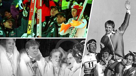 Ne olivat aikoja: Suomi saavutti joukkuemäen kultaa mm. Calgaryn (oik)  ja Albertvillen (alh. vas.) olympiakisoissa 1988 ja 1992 sekä Trondheimin MM-kisoissa 1997. Tähtihyppääjiä joukkueissa olivat Matti Nykänen, Toni Nieminen ja Janne Ahonen.