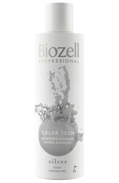 Kotimaisen Biozellin hopeasampoossa on tujusti sävyä ja hyvä hinta-laatusuhde. Color Tech sävyttävä sampoo sävyssä Silver, 11,50 €.