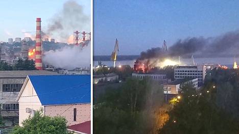 Vasemmalla kuvakaappaus videolta tulipalosta Tuapsessa 17. toukokuuta. Oikealla kuvaa Viipurista lauantain ja sunnuntain väliseltä yöltä.