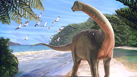 Taiteilijan näkemys Mansourasaurus shahinae -dinosauruksesta.