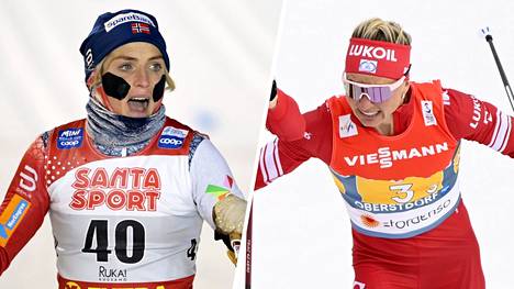 Therese Johaugin (vas.) ja Tatjana Sorinan välillä kipinöi Lillehammerin kympillä.