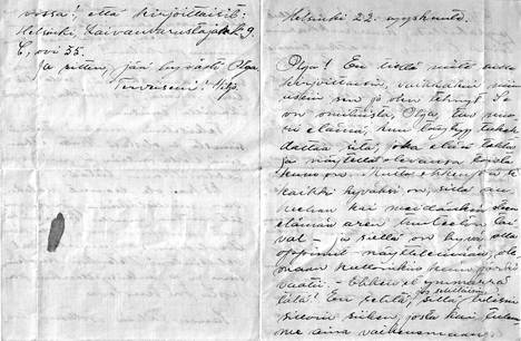Työväen arkisto Helsingissä on tallettanut Viljo Kainulaisen kirjeenvaihtoa ja muistiinpanoja – tässä kirje Olga Savolaiselle.