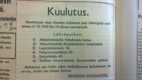 Helsingin poliisilaitoksen evakkokuulutus varattomille joulukuulta 1939.