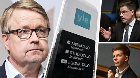 Kansanedustajat Pekka Aittakumpu (oikealla ylhäällä) ja Joakim Vigelius (oikealla alhaalla) ihmettelevät Ylen hallituksen puheenjohtajan Matti Apusen lähestymisiä koskien Ylen rahoitusta.