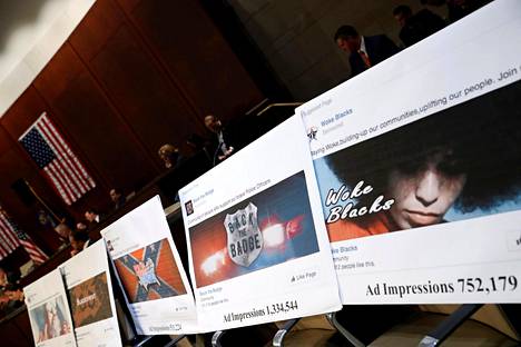 Venäjän maksamia poliittisia Facebook-mainoksia esiteltiin Yhdysvaltojen kongressissa marraskuussa 2017.