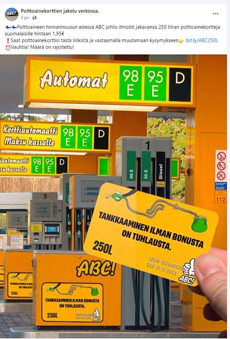 Huijaus perustelee olemattomia kortteja polttoaineen hinnan nousulla. Kuvakaappaus.