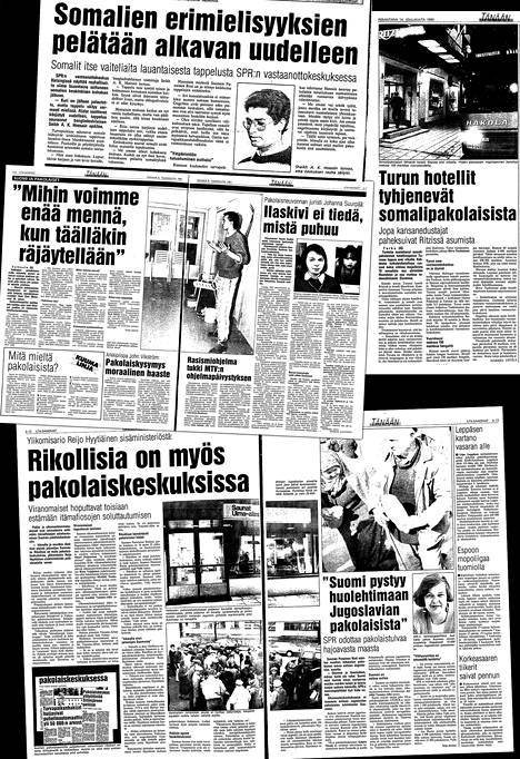 Maahanmuuttajien rikollisuudesta puhuttiin laajasti myös 1990-luvun alussa. Kuvassa IS:n lehtileikkeitä 22. elokuuta 1990, 14. joulukuuta 1990, 8. tammikuuta 1991 ja 15. toukokuuta 1992.
