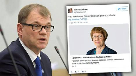 Pirjo Auvisen mukaan pääministeri Juha Sipilä (kesk.) kertoi sopineensa päätoimittaja Atte Jääskeläisen kanssa, ettei vastaa Ylelle mitään Terrafameen liittyen.
