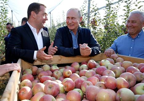 Venäjän presidentti Vladimir Putin ja pääministeri Dmitri Medvedev poseerasivat hyväntuulisina medialle lokakuun alussa, kun he kävivät maatilavierailulla Savropolin alueella.